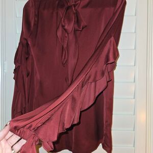 silky Burgundy Ruffle Blouse deep red, academia, tie neck accent, Y2K style